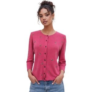 Northern Isles Women Sweater Pink Embroidered Bee Ribbed Cardigan Small